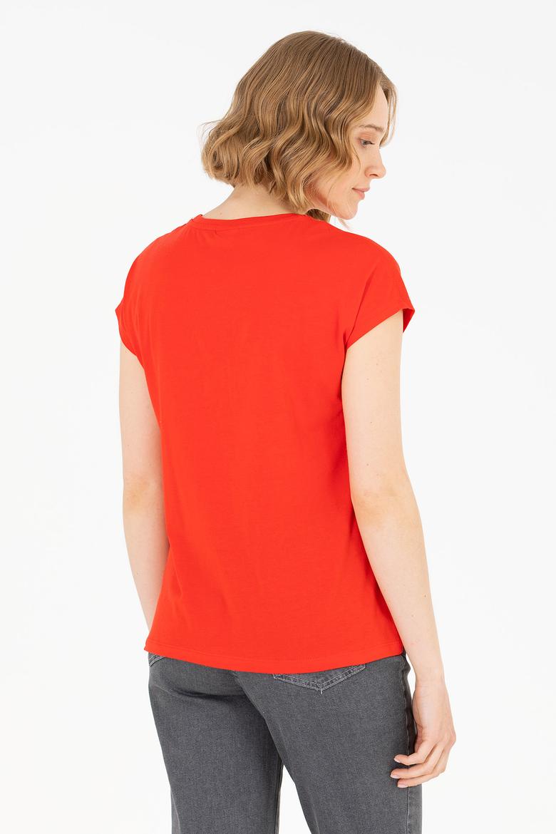 Kadın Kırmızı Bisiklet Yaka Tişört - 50267008029