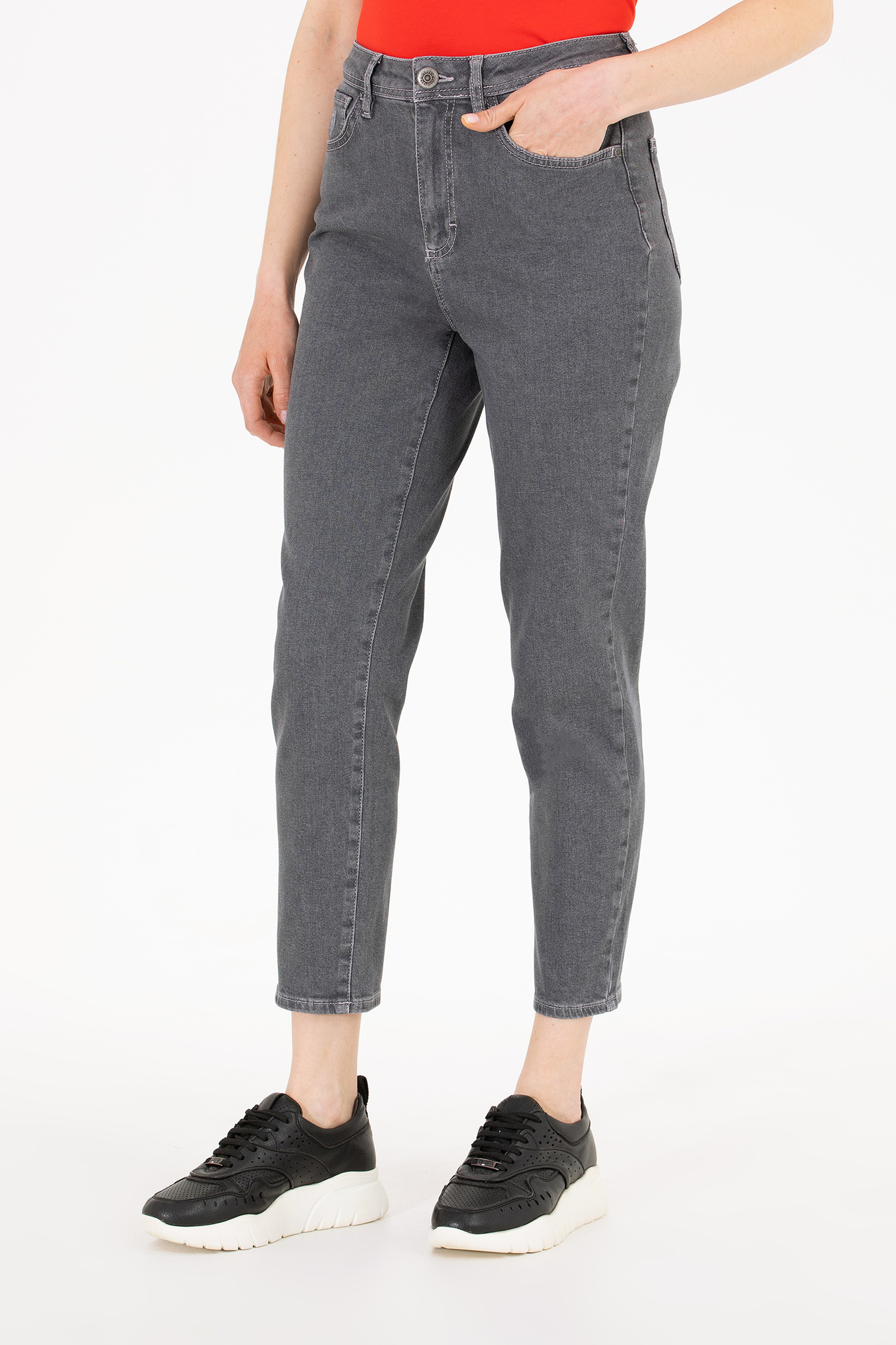 Kadın Gri Mom Fit Jean Pantolon - Image 2
