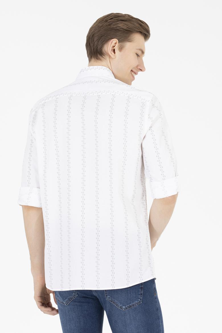 Erkek Krem Çizgili Beyaz Gömlek - 50263823023