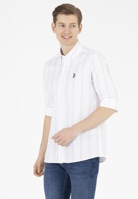 Erkek Krem Çizgili Beyaz Gömlek - 50263823023