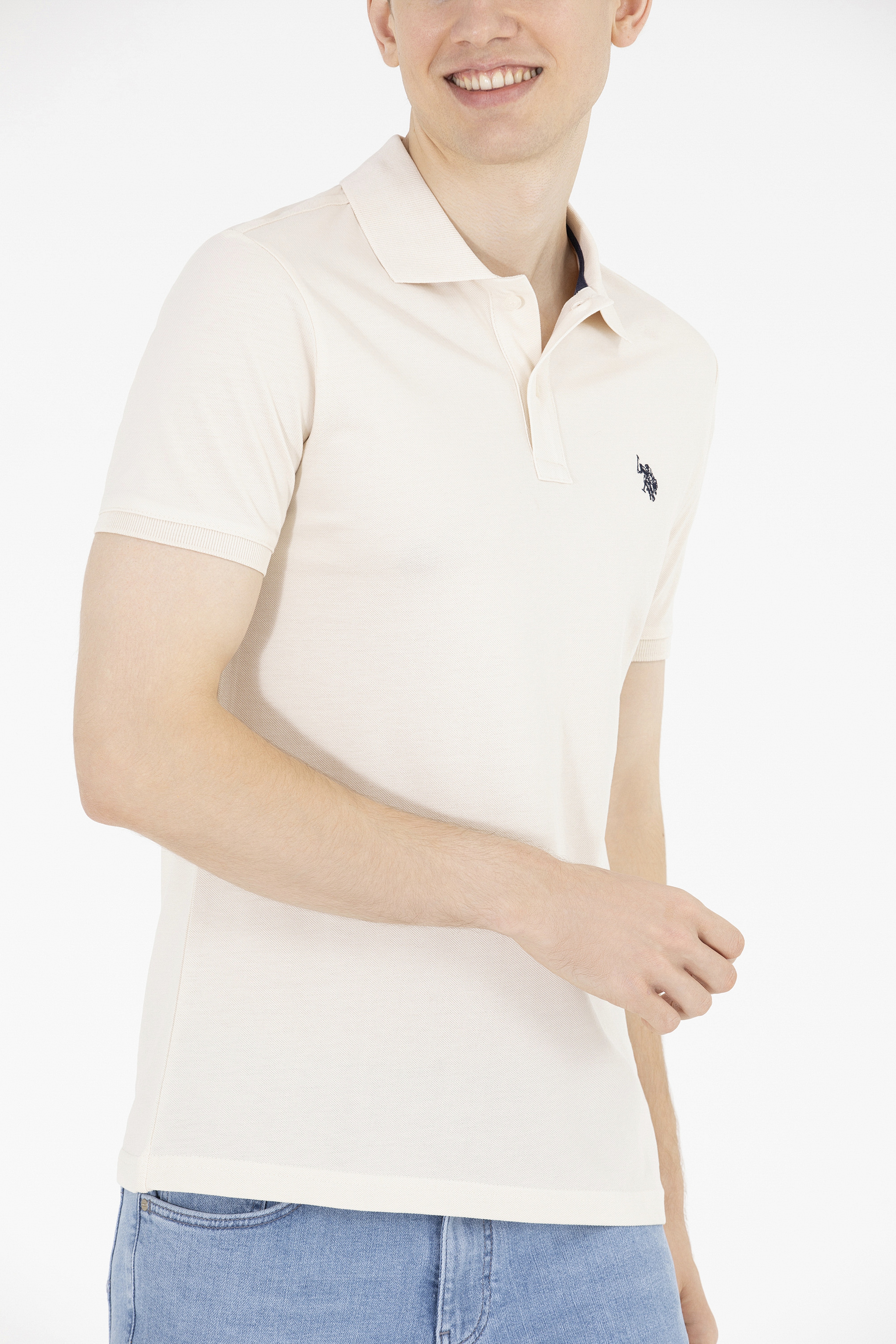 Erkek Krem Basic Polo Yaka Tişört - Image 6