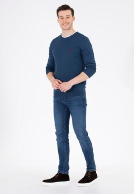 Erkek İndigo Bisiklet Yaka Basic Triko Kazak - 50253443102