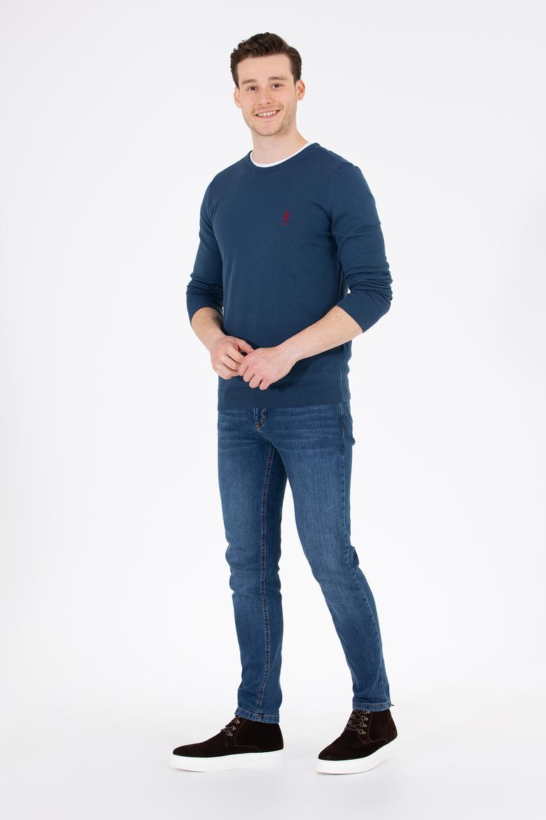 Erkek İndigo Bisiklet Yaka Basic Triko Kazak - 50253443102