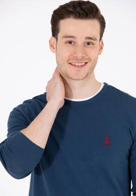 Erkek İndigo Bisiklet Yaka Basic Triko Kazak - 50253443102