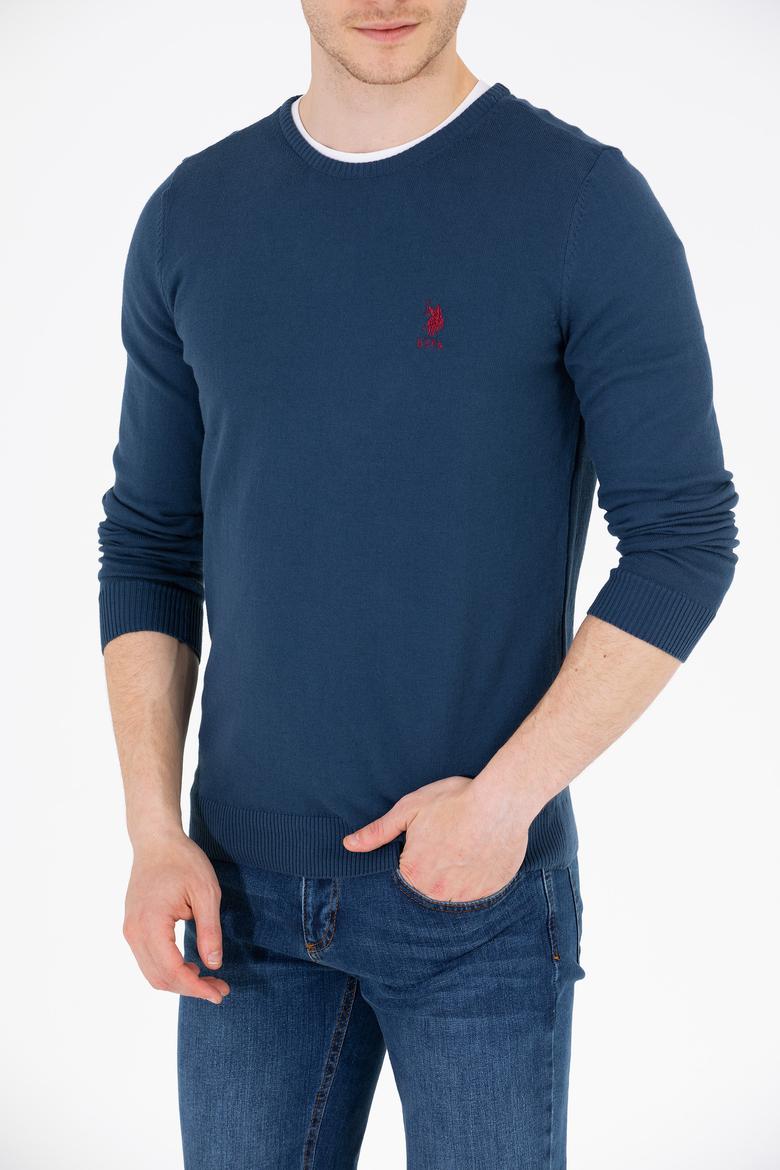 Erkek İndigo Bisiklet Yaka Basic Triko Kazak - 50253443102