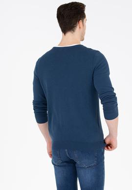 Erkek İndigo Bisiklet Yaka Basic Triko Kazak - 50253443102