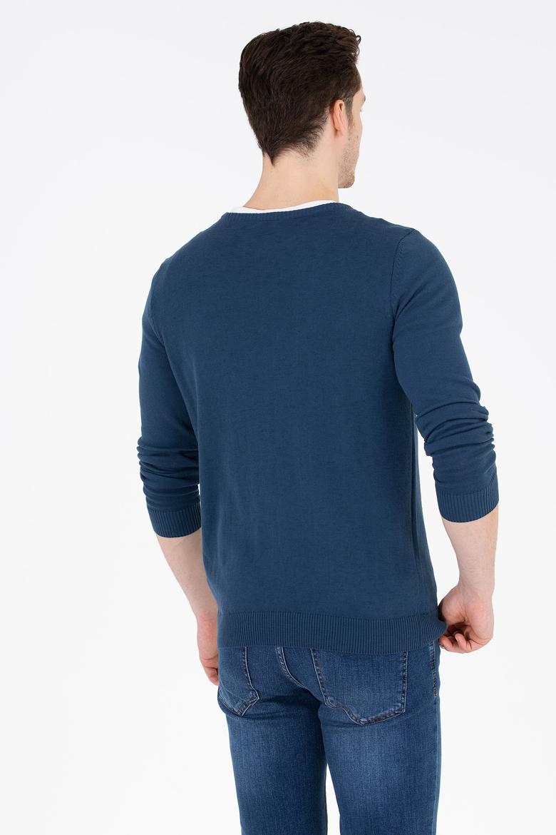 Erkek İndigo Bisiklet Yaka Basic Triko Kazak - 50253443102