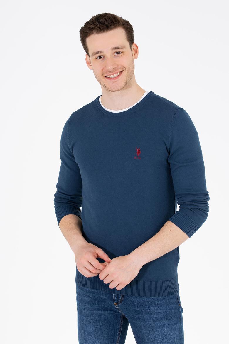 Erkek İndigo Bisiklet Yaka Basic Triko Kazak