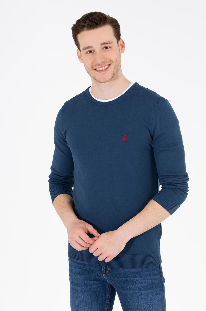 Erkek İndigo Bisiklet Yaka Basic Triko Kazak