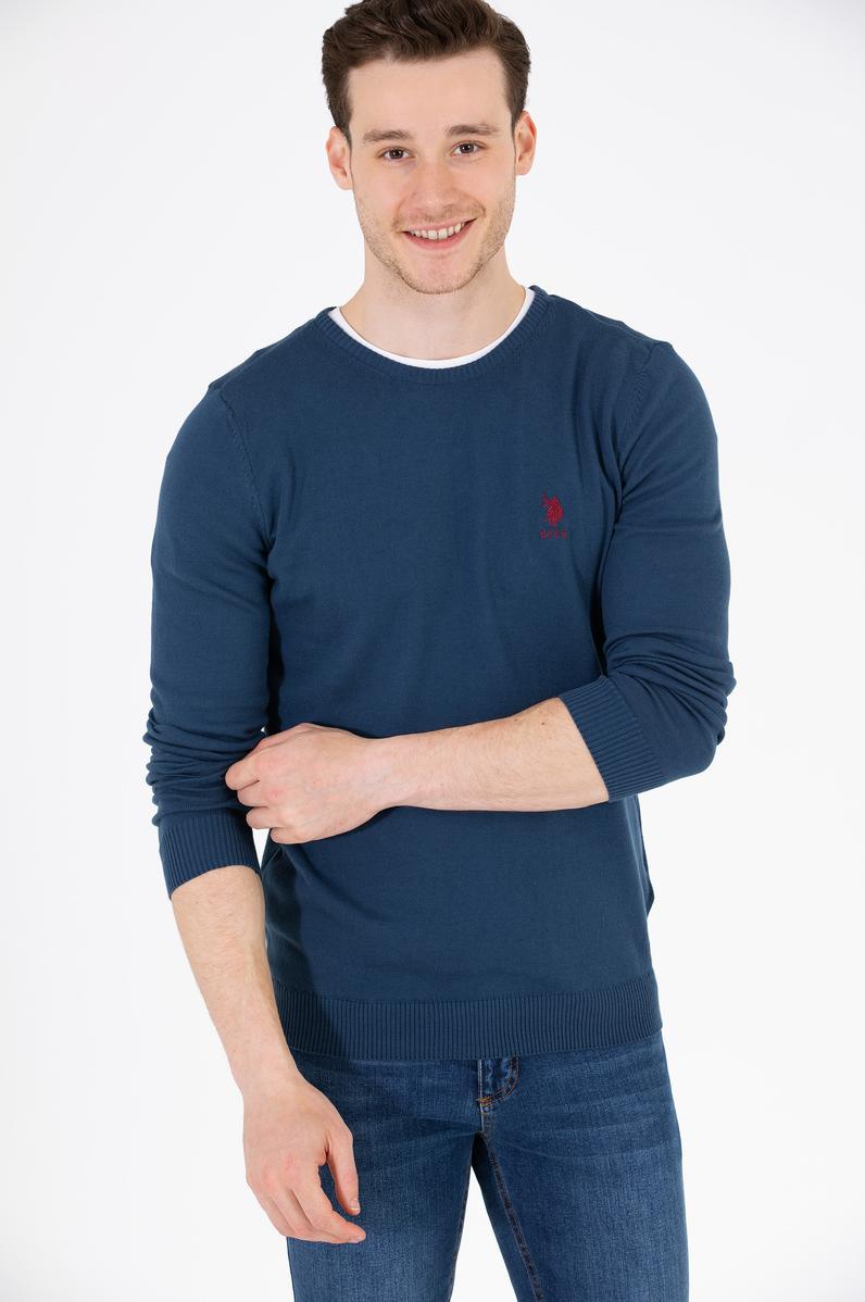 Erkek İndigo Bisiklet Yaka Basic Triko Kazak