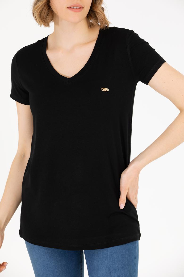 Kadın Siyah V Yaka Basic Tişört - 50262610001