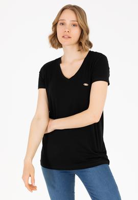 Kadın Siyah V Yaka Basic Tişört - 50262610001