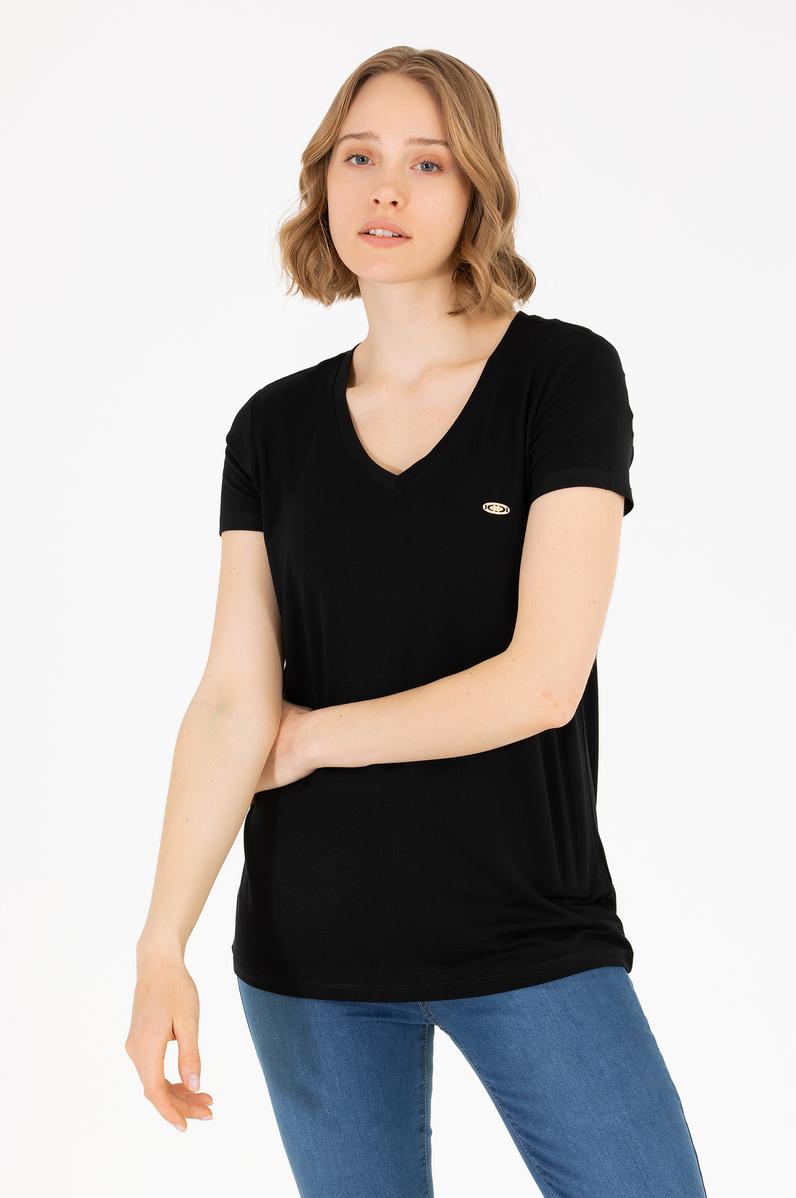 Kadın Siyah V Yaka Basic Tişört