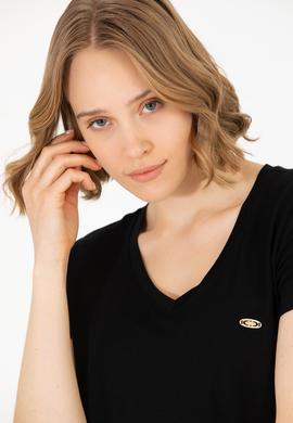 Kadın Siyah V Yaka Basic Tişört - 50262610001