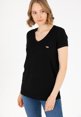 Kadın Siyah V Yaka Basic Tişört - 50262610001