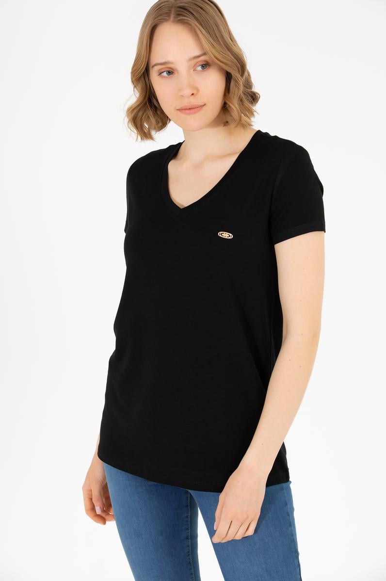 Kadın Siyah V Yaka Basic Tişört