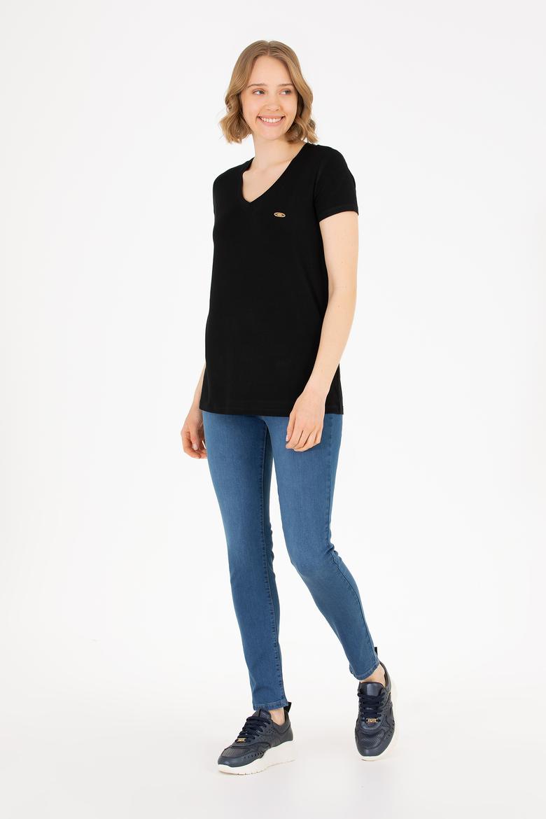 Kadın Siyah V Yaka Basic Tişört - 50262610001