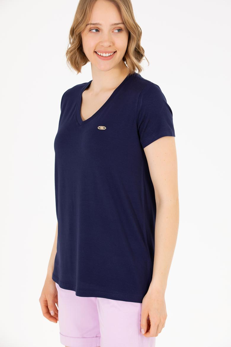 Kadın Lacivert V Yaka Basic Tişört - 50262610012