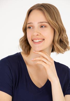 Kadın Lacivert V Yaka Basic Tişört - 50262610012