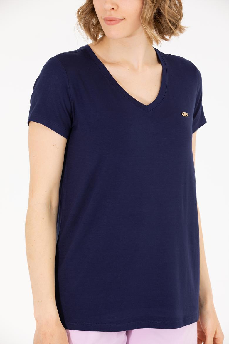 Kadın Lacivert V Yaka Basic Tişört - 50262610012