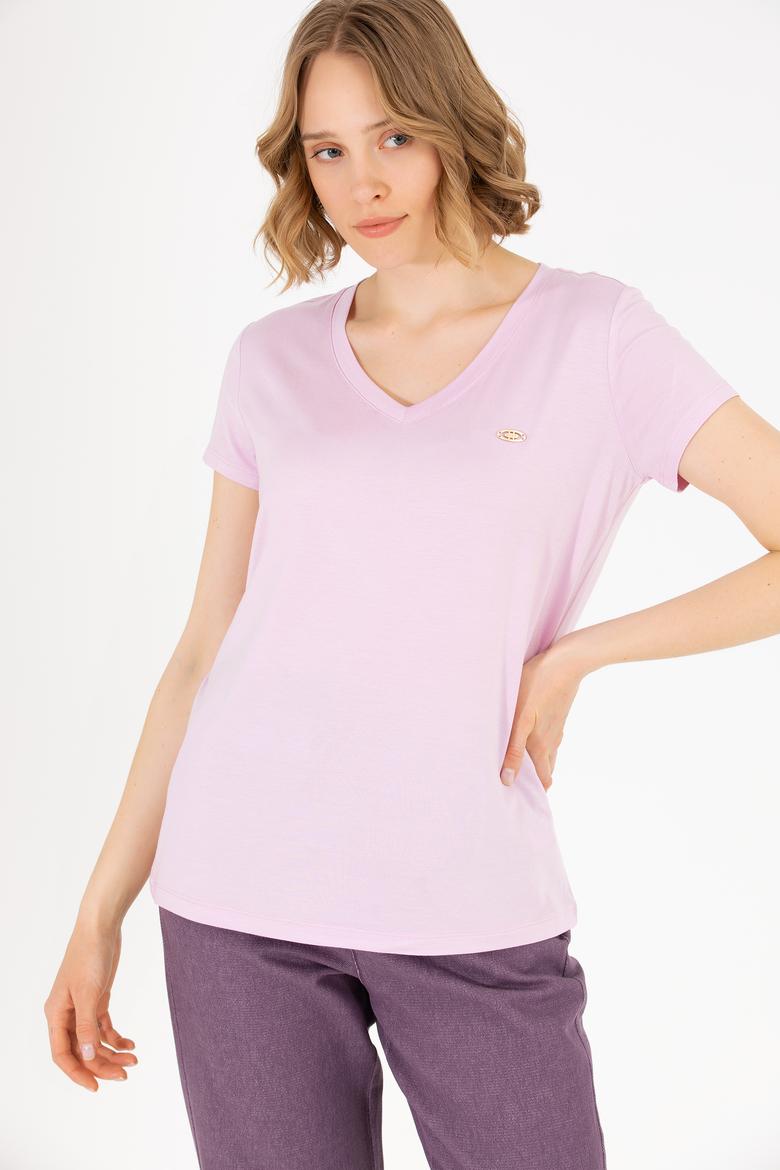 Kadın Manolya V Yaka Basic Tişört - 50262610054