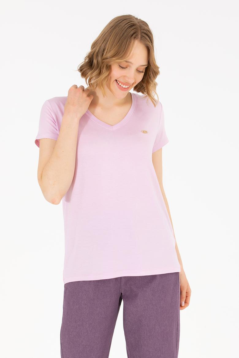Kadın Manolya V Yaka Basic Tişört