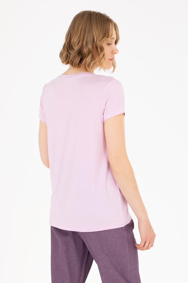 Kadın Manolya V Yaka Basic Tişört - 50262610054