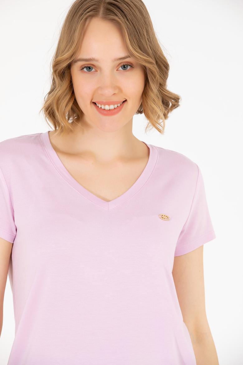 Kadın Manolya V Yaka Basic Tişört - 50262610054