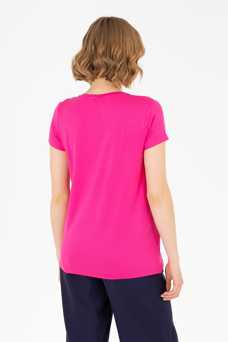 Kadın Fuşya V Yaka Basic Tişört - 50262610187