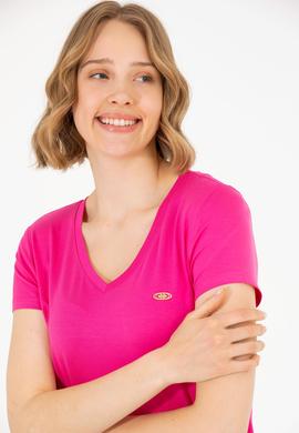 Kadın Fuşya V Yaka Basic Tişört - 50262610187