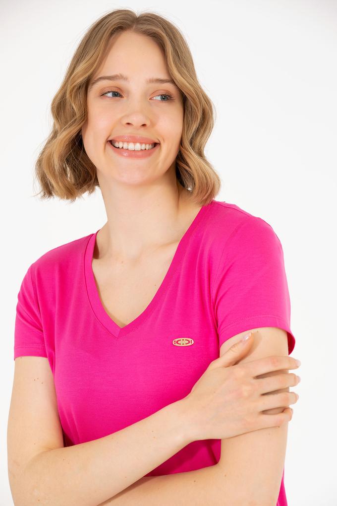 Kadın Fuşya V Yaka Basic Tişört