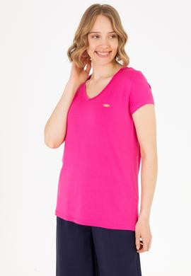 Kadın Fuşya V Yaka Basic Tişört - 50262610187
