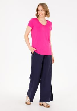 Kadın Fuşya V Yaka Basic Tişört - 50262610187
