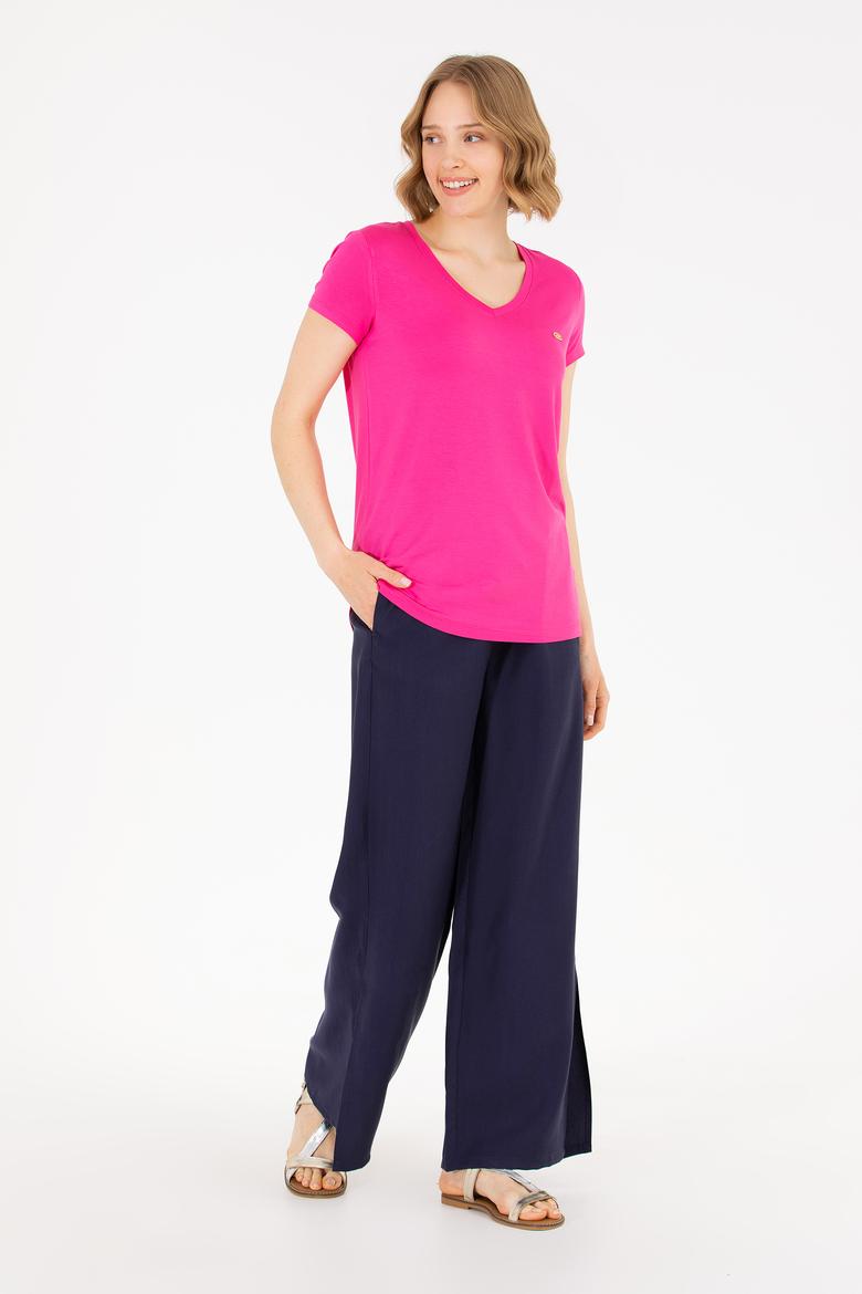 Kadın Fuşya V Yaka Basic Tişört - 50262610187