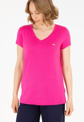 Kadın Fuşya V Yaka Basic Tişört - 50262610187