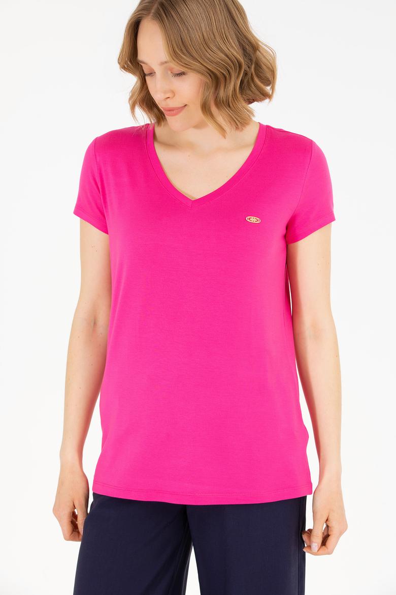 Kadın Fuşya V Yaka Basic Tişört - 50262610187