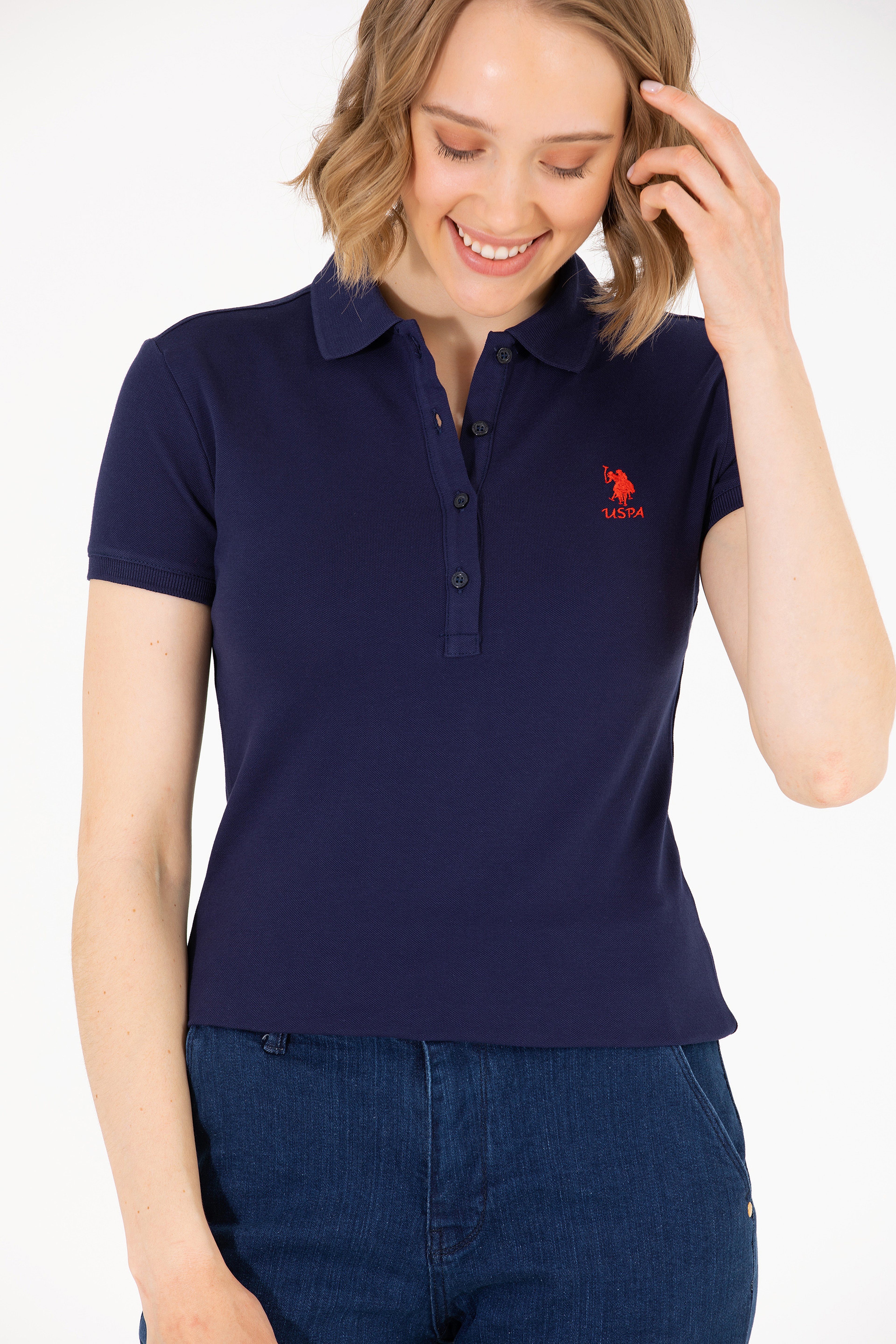 Kadın Lacivert Basic Polo Yaka Tişört - Image 3