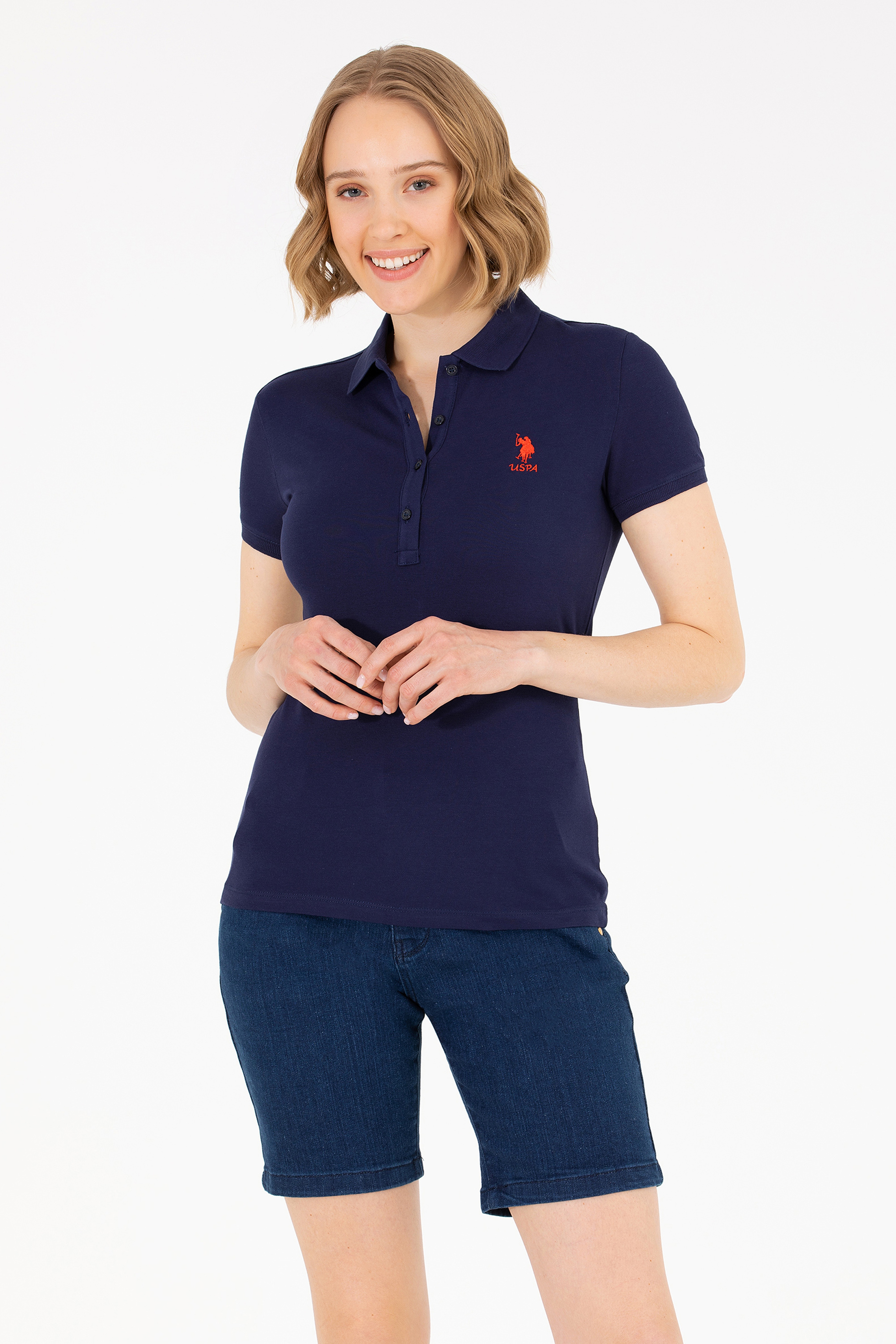 Kadın Lacivert Basic Polo Yaka Tişört - Image 1
