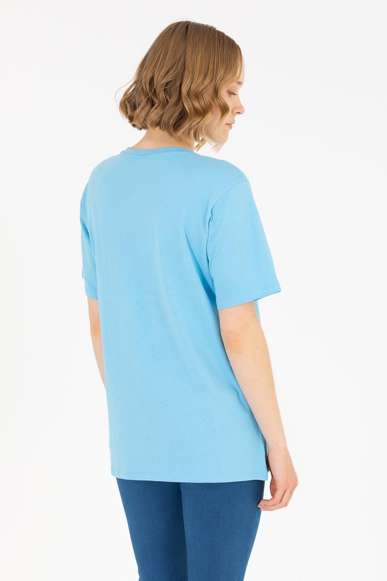 Kadın Turkuaz Bisiklet Yaka Basic Tişört - 50262658115