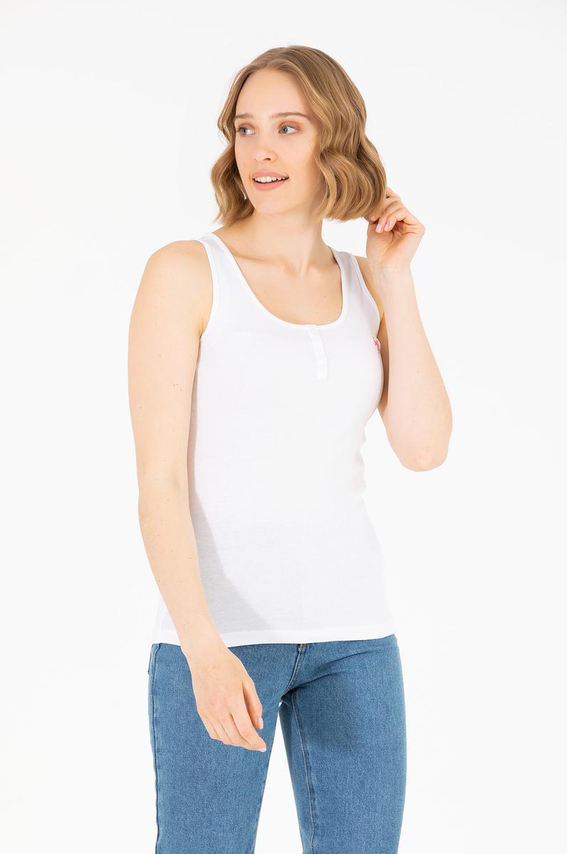 Kadın Beyaz Bisiklet Yaka Kolsuz Basic Tişört