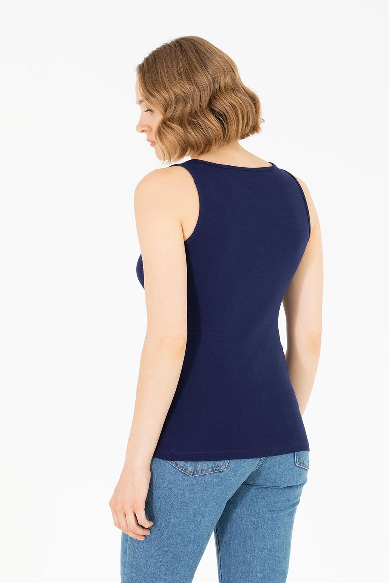 Kadın Lacivert Bisiklet Yaka Kolsuz Basic Tişört - 50262673053