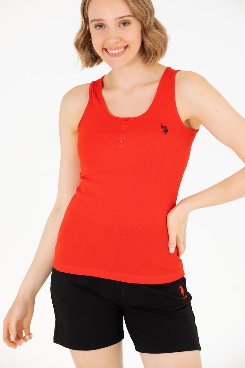 Kadın Kırmızı Bisiklet Yaka Kolsuz Basic Tişört