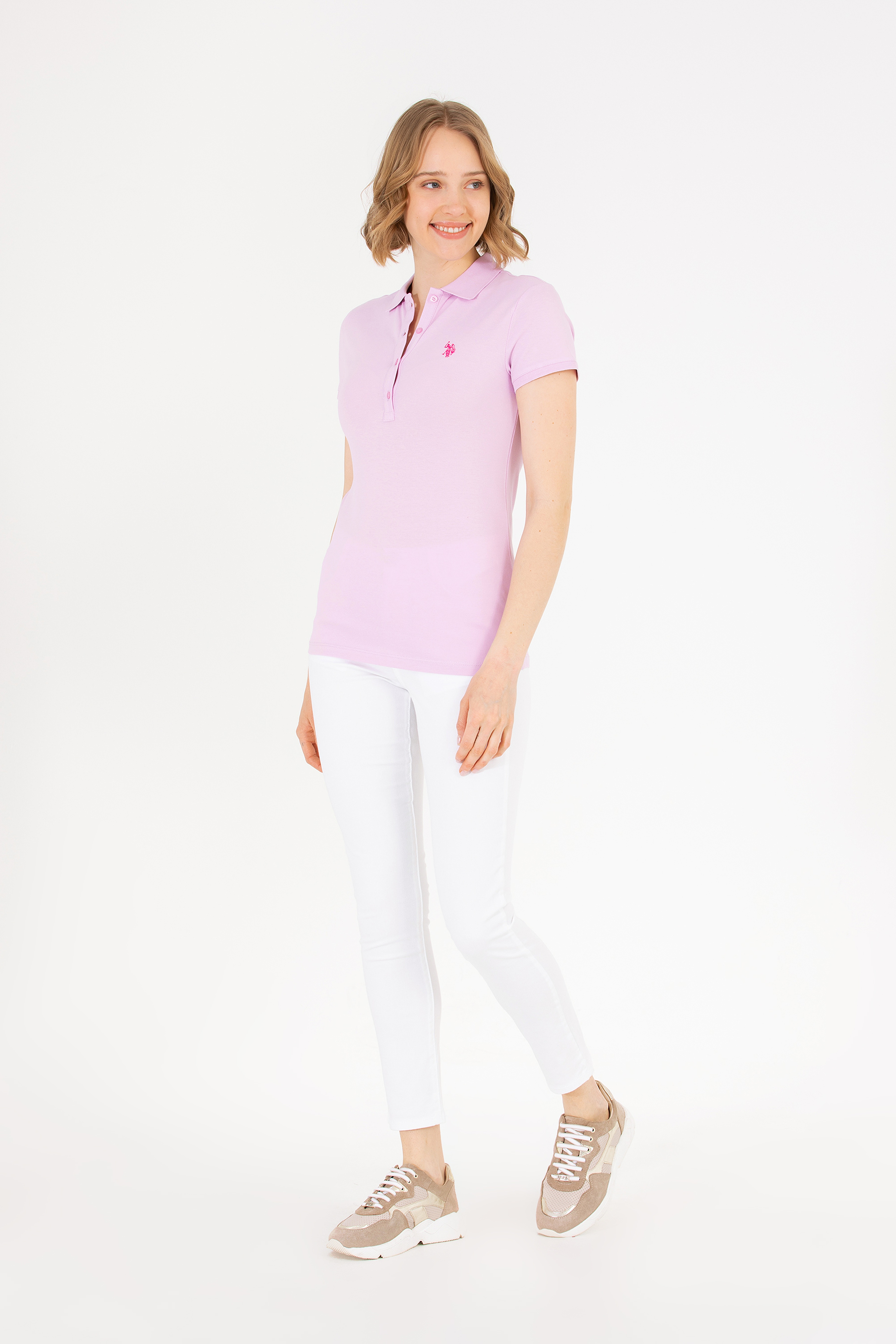 Kadın Açık Pembe Basic Polo Yaka Tişört - Image 4
