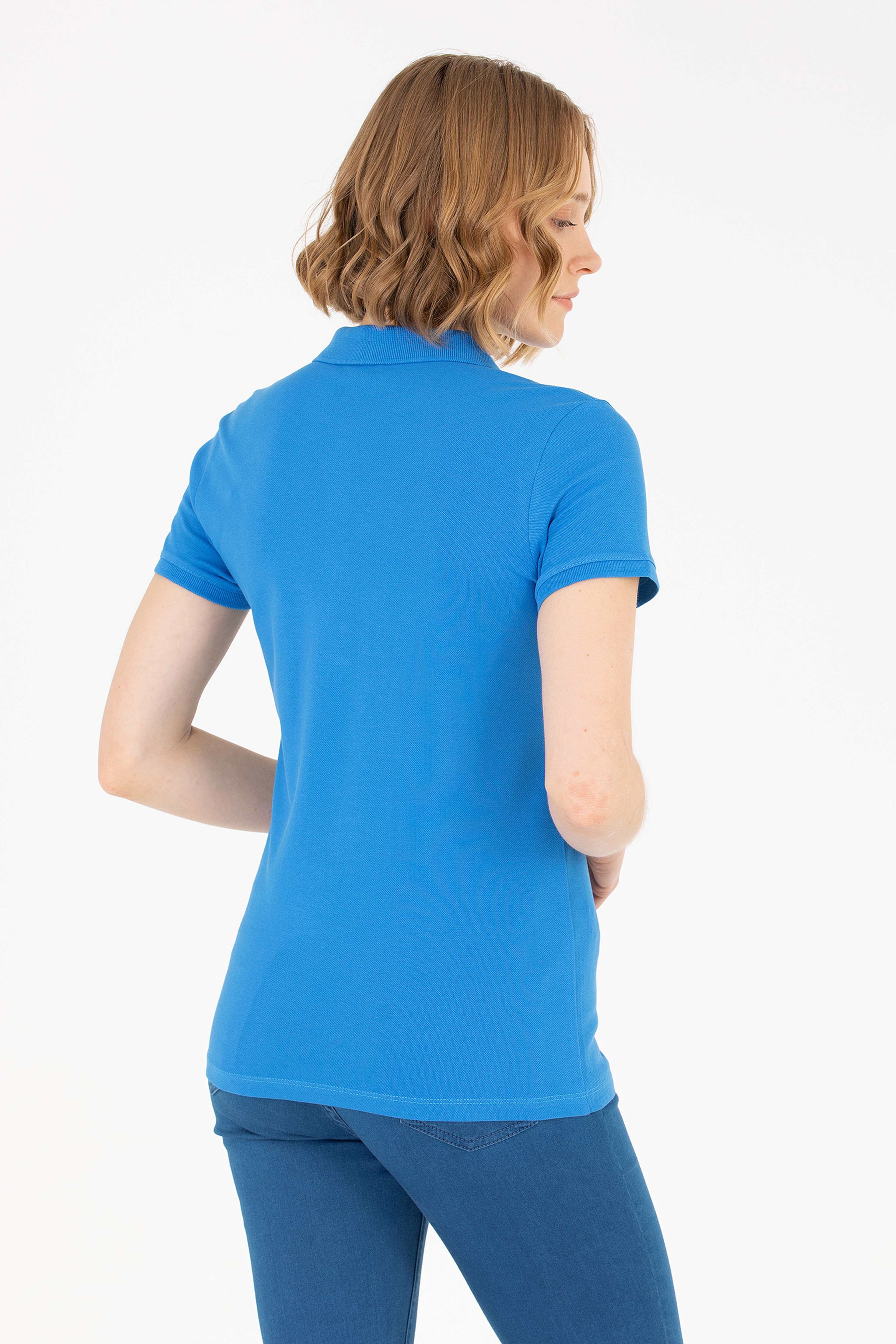 Kadın Saks Basic Polo Yaka Tişört - Image 5
