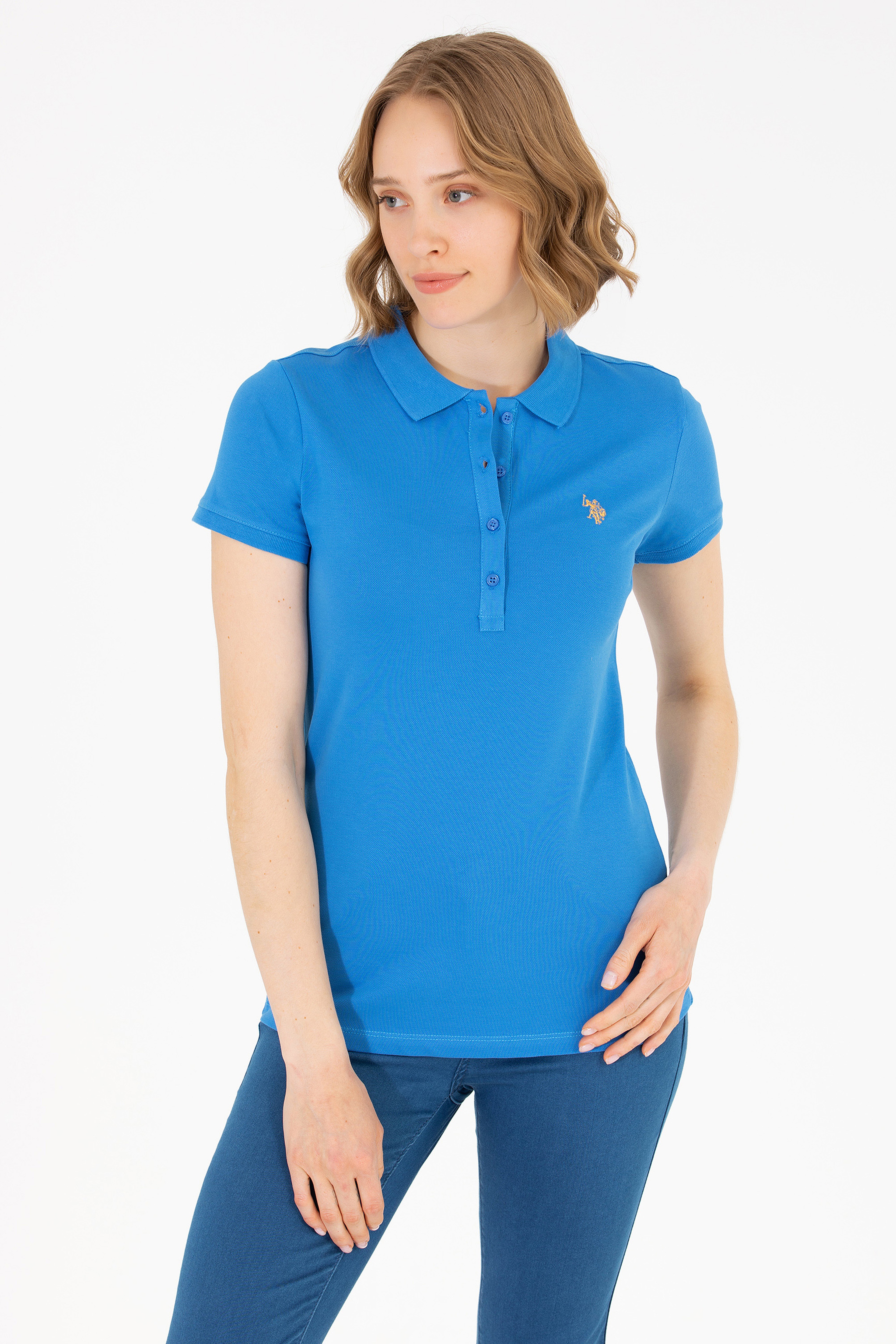 Kadın Saks Basic Polo Yaka Tişört - Image 1