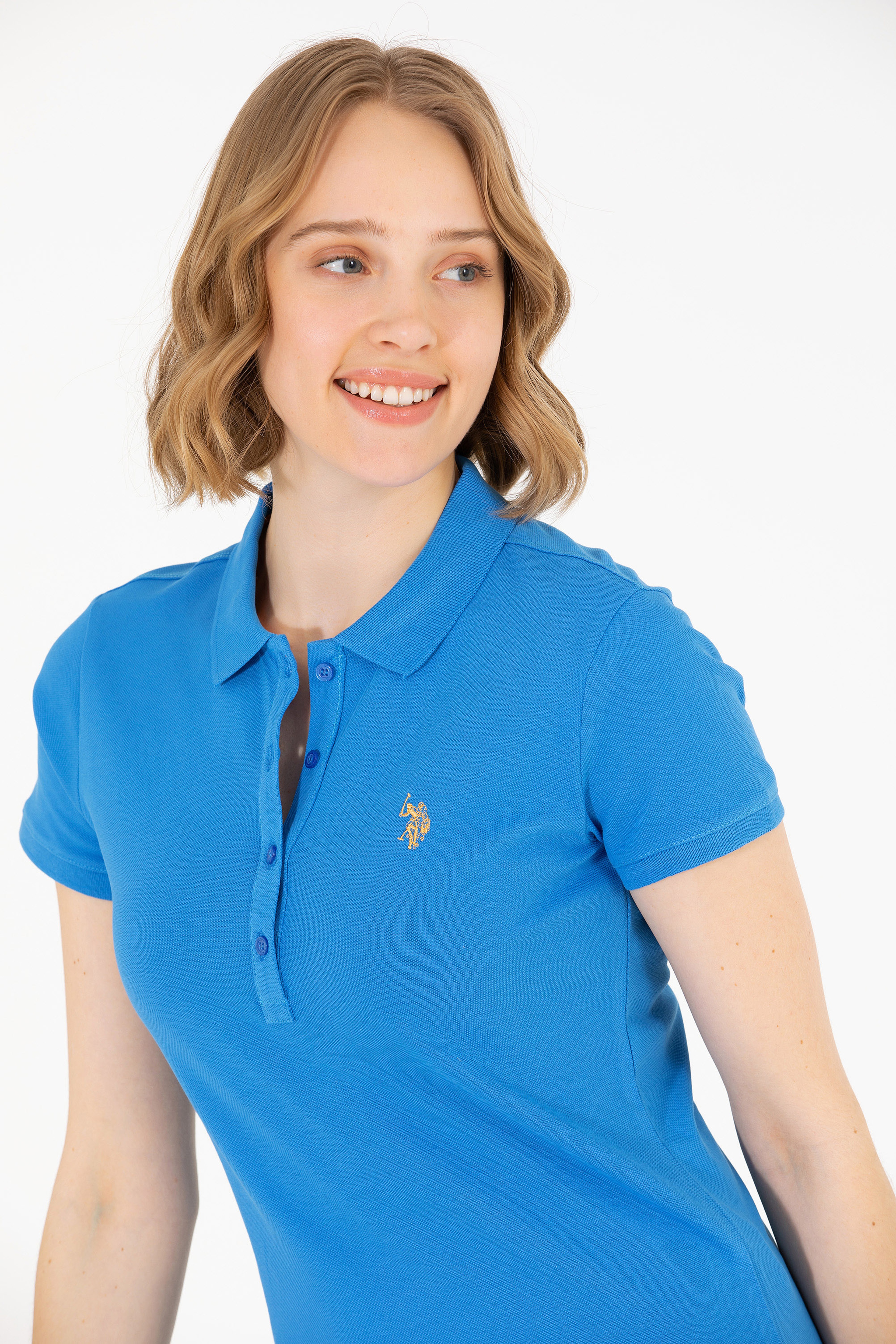Kadın Saks Basic Polo Yaka Tişört - Image 3