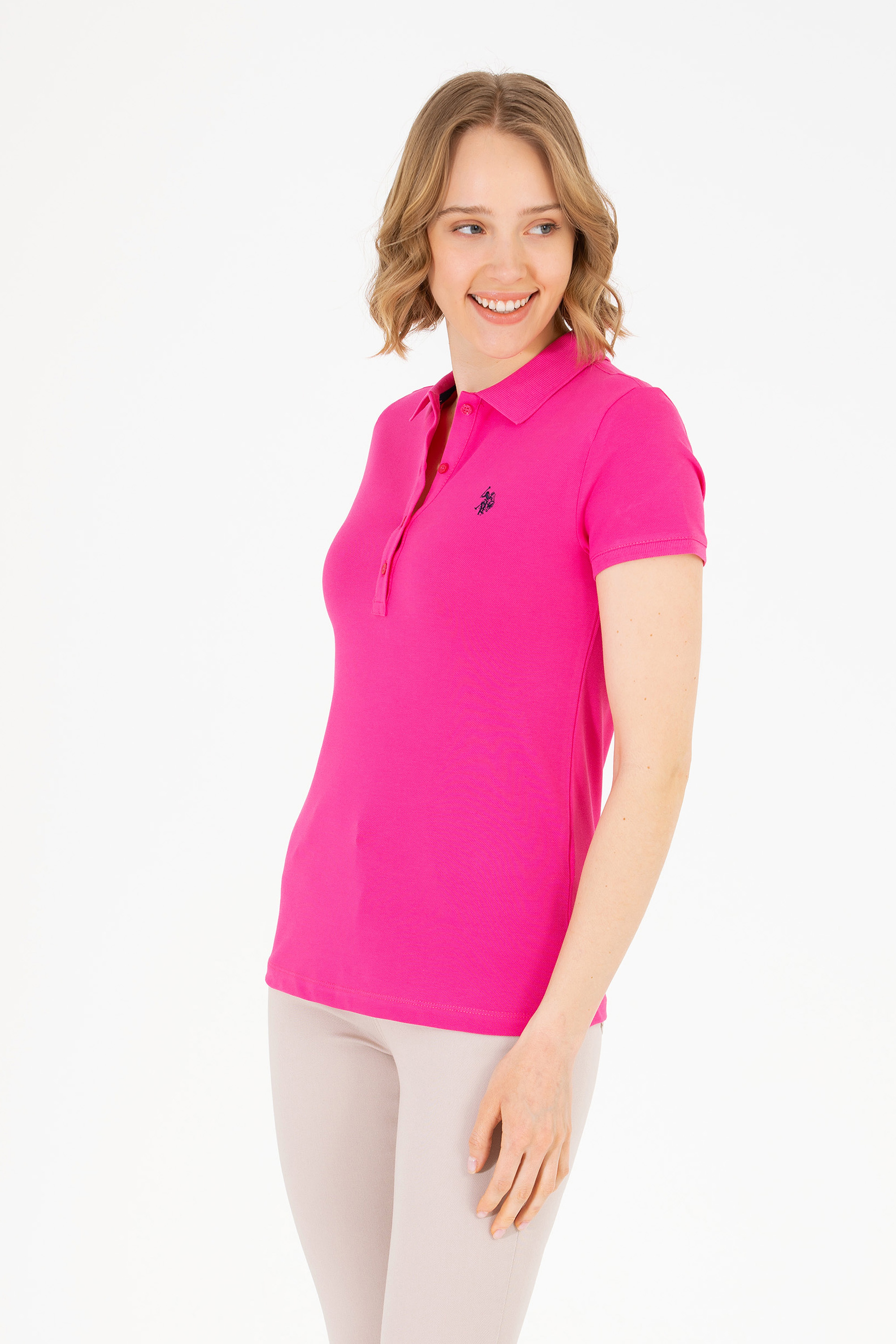 Kadın Fuşya Basic Polo Yaka Tişört - Image 1