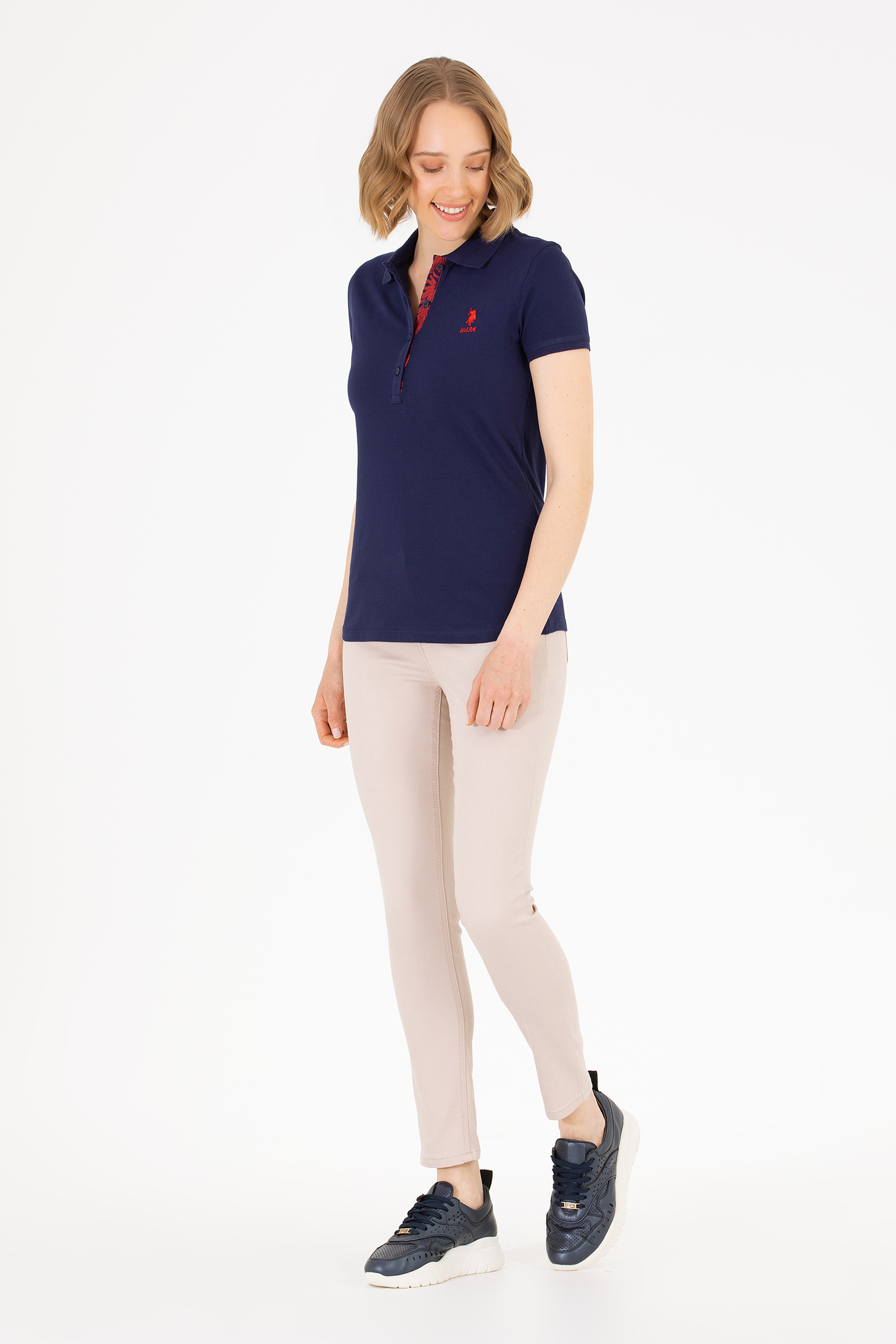 Kadın Lacivert Basic Polo Yaka Tişört - Image 3