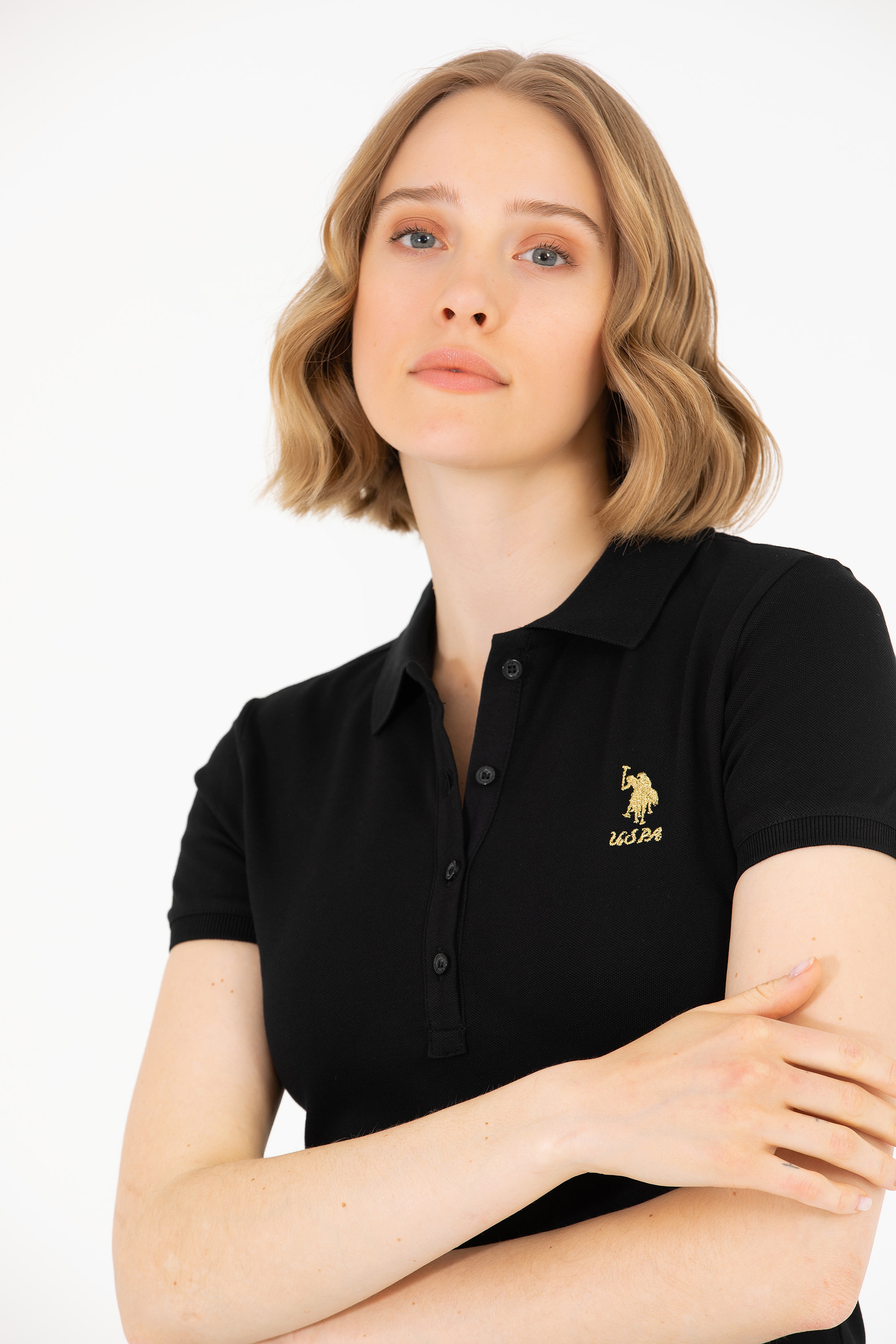 Kadın Siyah Basic Polo Yaka Tişört - Image 3