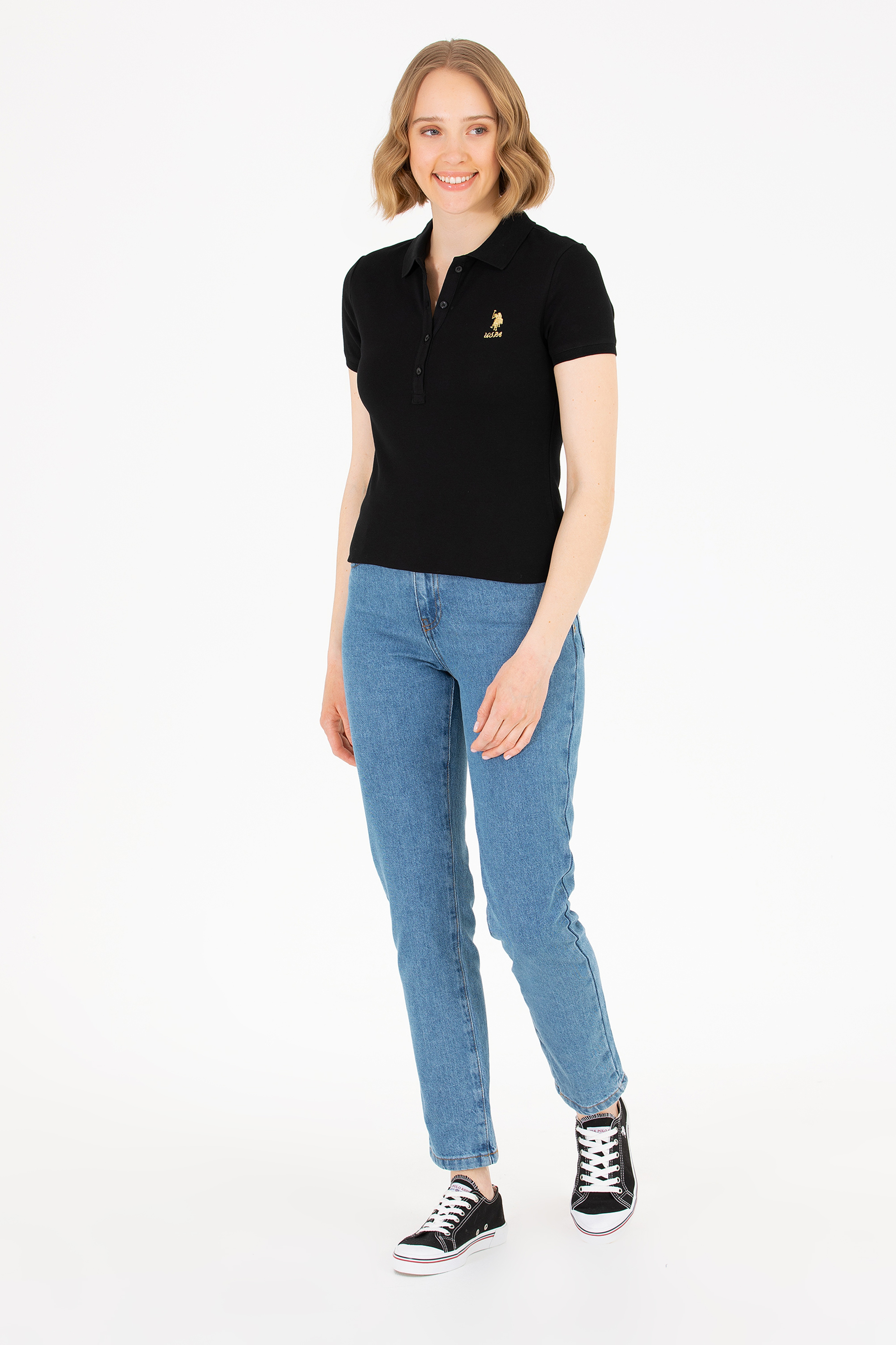 Kadın Siyah Basic Polo Yaka Tişört - Image 4